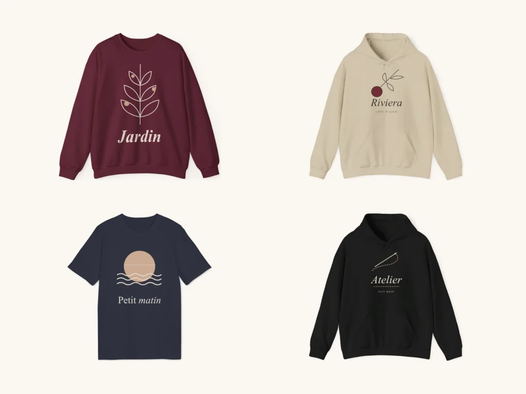 Jardin sweatshirt, Riviera hoodie, Petit Matin tee and Atelier hoodie