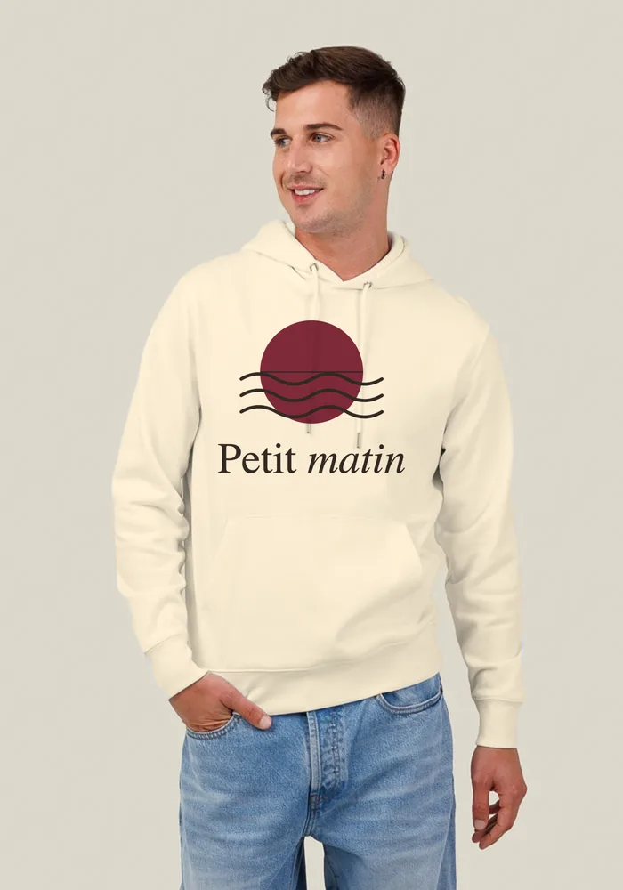 Petit Matin Organic Hoodie in Natural Raw, worn